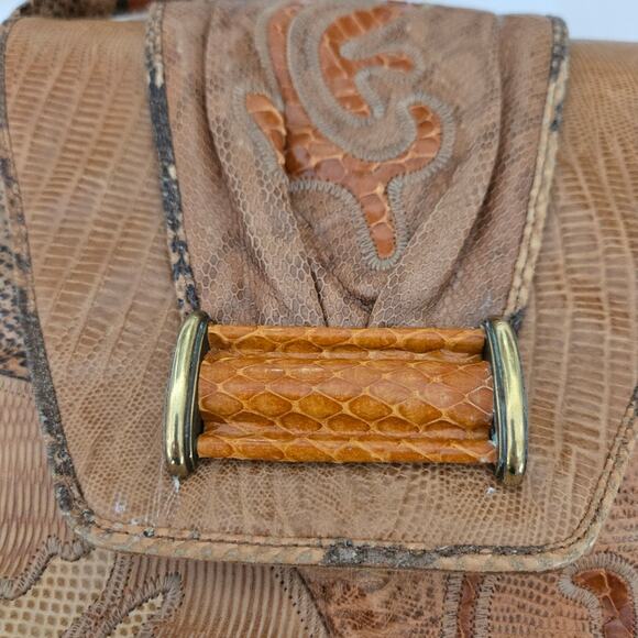 Vintage Sharif Tan & Brown Embossed Leather Patchwork Crossbody Shoulder Bag - Picture 2 of 13
